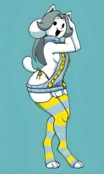 ai_generated big_breasts black_eyes blue_background clothed curvy female fully_clothed furry furry_female gray_hair looking_at_viewer pixai simple_background striped_thighhighs temmie temmie_(undertale) thick_thighs thighhighs turtleneck undertale virgin_killer_sweater white_fur wide_hips