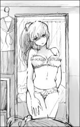 bedroom bra canon_genderswap cleavage female female_only female_pov genderswap_(mtf) gintama lingerie long_hair looking_at_self looking_at_viewer mirror mirror_reflection monochrome okita_sougo okita_souko panties ponytail pov rule_63 schoolgirl side_ponytail sketch solo utsumi