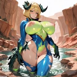 (titancore) after_transformation ai_generated blonde_hair canyons claws curvy_figure deathclaw deathclaw_humanoid dominated fallout female girl glowing_breasts horns huge_breasts hybrid monster monster_girl mutation scales tail torn_clothing toxic_green_water transformation vault_girl vault_suit video_game_character wasteland water wet_pussy