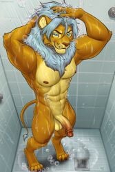 2:3 abs anthro balls bathing blue_eyes digital_drawing_(artwork) digital_media_(artwork) digitigrade erection eyebrows felid flaccid fur genitals grey_hair hair hand_behind_head hand_on_head hand_on_own_head hi_res high-angle_view humanoid_genitalia humanoid_penis lion long_hair looking_at_viewer looking_up looking_up_at_viewer male mammal muscular muscular_anthro muscular_male nipples nliiz nude_anthro nude_male orange_body orange_fur pantherine pecs penis raised_eyebrow shower showering soap_bubbles soapy solo tail tail_tuft tile tile_wall tuft wall_(structure) wet wet_body wet_fur wet_hair