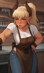 ai_generated blonde_hair high_ponytail jeans leather_apron muscular_female pointed_ears sweat tiefling_girl