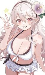 1girls bikini black_hairband blowing_kiss blush breasts cleavage corrin_(female)_(fire_emblem) corrin_(female)_(novice_vacationer)_(fire_emblem) corrin_(fire_emblem) corrin_(fire_emblem)_(female) female female_focus female_only fire_emblem fire_emblem_fates fire_emblem_heroes flower frilled_skirt front-tie_bikini grey_hair hair_between_eyes hair_flower hair_ornament hairband large_breasts long_hair looking_at_viewer midriff n_54 official_alternate_costume pointy_ears red_eyes smile solo swimsuit thighs white_bikini white_hair