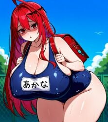 :o ai_generated backpack blush elizabeth_rose_bloodflame gigantic_breasts hololive hunched_over red_backpack school_bag school_swimsuit shaded_face stable_diffusion thick_thighs virtual_youtuber wide_hips