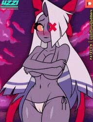 1girls animated areola_slip arms_crossed arms_crossed_under_breasts big_breasts blush blushing_at_viewer bouncing_breasts cameltoe female_focus female_only grey_skin hazbin_hotel long_hair looking_at_viewer medium_breasts red_eyes ribbon_in_hair smile smiling_at_viewer tiny_bikini uzzi-ponydubberx vaggie_(hazbin_hotel) white_hair