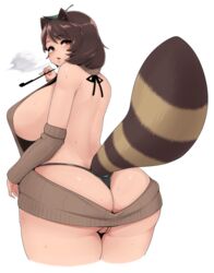 animal_ears ass breasts brown_hair curvy dat_ass female grey_background highres huge_breasts long_hair looking_at_viewer mamizou_futatsuiwa meme_attire oozon_(ozon) partially_visible_vulva pipe pussy raccoon_ears raccoon_tail sideboob simple_background solo sweat tail tanuki thick_thighs thighs thong touhou virgin_killer_sweater whale_tail white_background