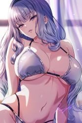 alternate_costume bikini blurry blurry_background breasts collarbone curtains female gold_bikini grey_hair highres idolmaster idolmaster_(classic) indoors koya_(koya_x_00) large_breasts long_hair looking_at_viewer navel parted_lips pink_eyes shijou_takane signature solo stomach string_bikini swimsuit variant_set very_long_hair