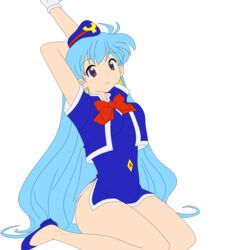 absurdres aqua_hair ass bangs bow breasts dress earrings female gloves hand_up hat highres hips jewelry legs legs_crossed long_hair looking_to_the_side miniskirt no_panties open_mouth photoshop purple_eyes red_bow shoes short_dress short_sleeves simple_background skirt smile solo stewardess tenjouin_katsura thighs vector_trace white_background white_gloves yat_anshin_uchuu_ryokou