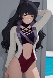 ai_generated bangs bare_legs black_hair blake_belladonna blush camel_toe cameltoe cat_ears clothing exposed_midriff female female_only hand_behind_head jacket long_hair navel one-piece_swimsuit open_jacket pool poolside posing rwby shading solo swimsuit tagme thighs yellow_eyes