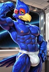 abs ai_generated anthro anthro_male avian biceps bird blue_fur blush bulge falco_lombardi flexing_arms furry gay green_eyes jockstrap jockstrap_only looking_at_viewer male male_only muscular muscular_male nude_male smile star_fox toned_body toned_male twall97