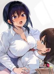 2girls black_hair breast_press brown_hair collared_shirt commentary_request konbu_wakame multiple_girls open_mouth original school_uniform shirt simple_background symmetrical_docking twitter_username watermark white_background white_shirt yuri