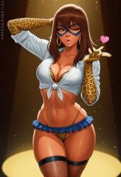 1boy ai_generated arabian bikini bikini_under_clothes bimbo blowing_kiss bosu_ai bra crop_top elbow_gloves fishnets front-tie_top gyaru heart hoop_earrings kamala_khan leopard_print leopard_print_bikini lipstick makeup marvel marvel_comics microskirt midriff ms._marvel muslim muslim_female navel_piercing open_shirt panties revealing_clothes skindentation slutty_clothes tan-skinned_female tan_skin thighhighs thong wink