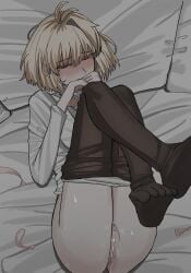 1girls after_sex after_vaginal afterglow ahoge anus anus_peek arcueid_brunestud ass asshole bed big_ass blonde_hair blush blush feet hand_on_face legs lifting_leg lying_on_bed melty_blood musi_2nd on_bed overwhelmed overwhelming_pleasure panties_down pantyhose_down pantyhose_pull pillow pussy red_eyes short_hair sweating sweaty toes tsukihime used_condom used_condoms vagina vaginal_penetration vaginal_sex