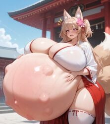 ai_generated belly_rub fangs fetal_movement flower_in_hair fox_ears fox_girl fox_tail gigantic_belly gigantic_breasts hakama hand_on_belly miko notice_lines pink_eyes pixai pregnant ring stable_diffusion thick_thighs wide_hips worried