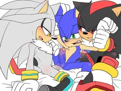 anal anal_sex angelofhapiness anthro ass blush erection footwear furry gloves group group_sex hedgehog humanoid_penis male mammal naughty_face nude penetration penis precum rape_face reclining restrained sex shadow_the_hedgehog shoes silver_the_hedgehog smile smirk sonadow sonic_(series) sonic_the_hedgehog spread_legs spreading tears threesome vein veiny_penis yaoi