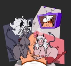 1boy 2girls coloringthecat_(artist) commission crack_pairing crossover demon demon_girl female ffm_threesome heart heart-shaped_pupils helltaker imminent_sex italian judgement_(helltaker) live_reaction male modeus_(helltaker) peppino_spaghetti pizza_tower pov