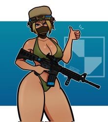 1girls acog big_ass blonde_hair blonde_hair_female blue_eyes bra cameltoe captainspades cass_(captainspades) dat_ass girl_only green_bra half_mask helmet helmet_camera m4a1 project_wingman tactical_gear thick_thighs thumbs_up trijicon