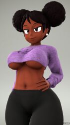 1girls 3d 3d_(artwork) black_hair breasts brown_eyes clothed_female dark-skinned_female female female_focus female_only gray_background navel relliksb short_shirt twitter_username watermark zayla_(relliksb)