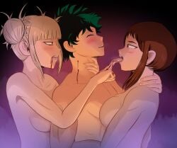 1boy2girls blonde_hair boku_no_hero_academia brown_hair green_hair himiko_toga izuku_midoriya ochako_uraraka symptom99 threesome vampire_bite