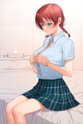 1girls a1_(initial-g) adjusting_clothes adjusting_shirt bed blue_eyes braid breasts collared_shirt commentary emma_verde female green_skirt highres large_breasts love_live! love_live!_nijigasaki_high_school_idol_club on_bed plaid_clothes plaid_skirt red_hair shirt short_hair short_sleeves sitting skirt solo thighs tissue tissue_box twin_braids