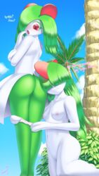 2017 2girls anthro areolae ass blush breasts clothing dialogue duo english_text female galaxyoron green_hair hair heart humanoid kirlia multiple_girls nintendo nipples open_mouth panties pokemon pokemon_(species) pokemon_rse pussy ralts red_eyes semi_incest sibling sister smile text underwear video_games