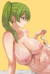 anal_beads arm_support breasts commentary covered_navel covered_nipples female from_side ginhaha green_hair highres holding holding_sex_toy land_(sousou_no_frieren) large_breasts long_hair lying nightgown nipples on_side profile purple_eyes see-through_clothes see-through_nightgown sex_toy side_ponytail smile solo sousou_no_frieren symbol-only_commentary ubel_(sousou_no_frieren) white_nightgown yellow_background