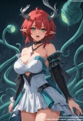 ai_generated bangs bare_shoulders black_choker blush breasts choker ciaccona_(wuthering_waves) cleavage clothing collarbone detached_sleeves dragon_horns dress female female green_eyes hair_between_eyes heart horns jewelry jousneystudio large_breasts long_sleeves looking_at_viewer mole mole_under_eye monster_girl necklace open_mouth pointy_ears red_hair saliva short_hair solo strapless strapless_dress tentacle tongue tongue_out white_dress wuthering_waves