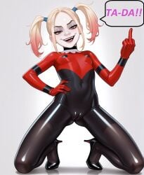 cameltoe dc dc_comics harley_quinn high_heels latex middle_finger pigtails