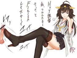 ahoge bootjob boots bored breasts brown_hair commentary_request female femdom footjob grey_eyes hair_ornament hand_on_head kantai_collection kongou_(kantai_collection) long_hair looking_at_another looking_away nontraditional_miko penis piro_(iiiiiiiiii) shoejob simple_background sitting skirt testicles text thigh_boots thighhighs translation_request white_background