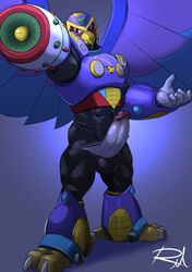 abs android anthro armor avian balls beak bird boner bulge capcom claws clothed clothing eagle erection gun_arm headgear helmet machine male male_only manly mega_man mega_man_x muscular penis ranged_weapon reclamon robot sharp_claws solo standing storm_eagle thick_penis toe_claws torn_clothing vein veiny_penis video_games weapon wings