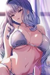 alternate_costume bikini blurry blurry_background breasts collarbone curtains female grey_hair highres idolmaster idolmaster_(classic) indoors koya_(koya_x_00) large_breasts long_hair looking_at_viewer navel parted_lips pink_eyes shijou_takane signature solo stomach string_bikini swimsuit variant_set very_long_hair white_bikini