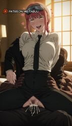 1boy ahe_gao ai_generated black_jacket black_necktie black_pants blush braid braided_ponytail breasts censored chainsaw_man clothed_female_nude_male clothed_sex collared_shirt cowgirl_position crotch_cutoutmakima_(chainsaw_man) cum cum_in_pussy cum_overflow dark-skinned_male dark_skin female female_pubic_hair goggles goggles_on_head heart high-waist_pants indoors interracial jacket lamp large_breasts long_hair long_sleeves makima_(chainsaw_man) medium_breasts meitabuu mosaic_censoring necktie nude off_shoulder open_mouth pants penis pubic_hair pussy red_hair reverse_cowgirl_position ringed_eyes sex sex_from_behind shirt shirt_tucked_in sidelocks smile solo_focus spread_legs straddling straight suit teeth tongue tongue_out torn_clothes torn_pants upper_teeth_only vaginal_penetration white_shirt window yellow_eyes