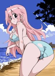 1girls aged_up anime anime_style artist_request ass beach beach_background big_breasts bikini bikini_bottom bikini_top butt butt_crack cloudy_sky glasses glasses_off holding_object light-skinned_female light_blue_bikini light_skin long_hair looking_at_viewer looking_back lucky_star miyuki_takara ocean_background pink_hair purple_eyes sand tagme