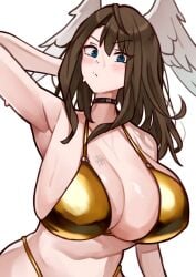 armpit blush brown_hair choker eunie_(xenoblade) gold_bikini high_entia large_breasts looking_at_viewer oniisan02b wings_on_head xenoblade_(series) xenoblade_chronicles_3 yotsuhauni