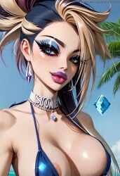 abs ai_generated akali athletic athletic_female bare_shoulders beautiful bikini bikini_top bimbo bimbo_body bimbo_lips blonde_hair blue_eyes choker close-up close_up collarbone cute cute_face dark_hair eyebrows eyelashes eyeliner eyeshadow fake_breasts female freckles k/da_akali k/da_all_out_series k/da_series league_of_legends makeup mastarblastar medium_breasts multicolored_hair necklace ponytail pool poolside pose posing posing_for_the_viewer purple_lipstick round_breasts selfie selfie_pose slim_waist smile smiling smiling_at_viewer smug smug_face string_bikini tagme tropical