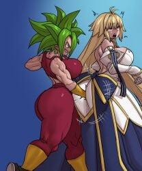 2girls ahe_gao archetype_earth arcueid_brunestud big_ass big_breasts cocky cocky_smile crossover defeat defeated dragon_ball dragon_ball_super fate_(series) fisting humiliation kefla melty_blood muscular muscular_female shosho_oekaki smug tsukihime vs