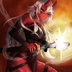 akumi bare_shoulders breasts closed_mouth dark_skin elbow_gloves female gloves hair_between_eyes holding holding_weapon horns katana long_hair looking_at_viewer medium_breasts navel oni oni_horns pointy_ears red_skin signature solo sword vyugen weapon white_hair yellow_eyes