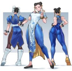 3girls ass ass_focus black_hair chun-li full_body hair_ornament legs long_legs sex_invitation sexually_suggestive smile street_fighter v