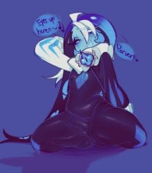 averrbaverr blue_body bulge clothing cookie_run dialogue fully_clothed horny jester looking_at_viewer shadow_milk_cookie smile spread_legs thighs