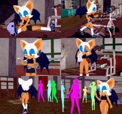 background bottomless bottomless_female commission enf female gym gym_shorts gym_uniform koikatsu retropunch ripped_pants rouge_the_bat shorts socks sonic_(series) sonic_the_hedgehog_(series) sports_bra sports_shoes sweat towel walking wink