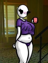 :3 bald bald_female belly belly_button black_eyes blush blush breasts chetoh chubby chubby_female claire_(chetoh) coffee coffee_mug egg female heart oc original original_character panties photo_background purple_panties purple_shirt shirt smile smiling stairs white_body window