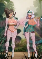 2girls big_breasts black_hair captured dark_skin female_only forest lacs league_of_legends mineralization nidalee qiyana_yunalai stone stone_body transformation white_hair