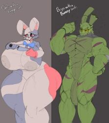 1boy 1girls anthro ass_bigger_than_head big_ass big_breasts big_butt big_penis breasts_bigger_than_head buff bunny_boy bunny_girl bunny_teeth bunnysuit comparison female five_nights_at_freddy's five_nights_at_freddy's:_security_breach five_nights_at_freddy's_3 gardegu green_body green_fur knife male muscles muscular muscular_male nipple_bulge nipples red_eyes springtrap_(fnaf) thick_ass thick_butt thick_hips thick_legs thick_thighs vanessa_(fnaf) vanny_(fnaf) yellow_eyes