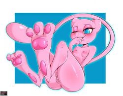 1girls anthro anus areolae ass blue_background blue_eyes blush breasts clitoris eyelashes feet feline female female_only flame-lonewolf foot_focus furry half-closed_eyes legendary_pokemon looking_at_viewer masturbation mew nintendo nipples nude one_eye_closed pawpads paws pink_fur pokemon pokemon_(species) pokemorph pussy pussy_juice small_breasts solo straight_hair text vaginal_masturbation vaginal_penetration video_games watermark wet white_border