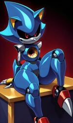 ai_generated blue_skin curvy genderswap_(mtf) hedgehog_humanoid metal_sonic metal_sonique naked no_breasts no_mouth nude pixai pointy_nose pussy red_eyes robot robot_girl robot_humanoid rule_63 sharp_claws shiny_skin shoulder_pads sitting sitting_on_table slim_waist sonic_(series) sonic_the_hedgehog_(series) thick_thighs vagina wide_hips