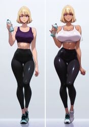 ai_generated before_and_after big_breasts bimbo bimbo_body bimbofication bimbofied cha_hae-in cha_hae_in female female_only huge_ass huge_breasts leggings purple_eyes short_hair skin_tight solo_leveling sports_shoes tanned_female tanned_skin transformation water_bottle wide_hips