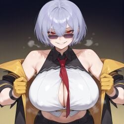 ai_generated cleavage cleavage_cutout evil_grin girls'_frontline huge_breasts kao140522 open_clothes purple_hair red_eyes shaded_face short_hair steaming_body sunglasses sweat thompson_(girls'_frontline)