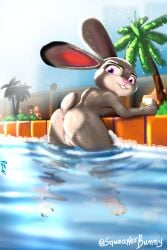 alcohol anthro anus ass beer beverage beverage_can day detailed_background disney female genitals grey_body group hi_res judy_hopps lagomorph leporid mammal nude nude_anthro nude_female outside partially_submerged pool pussy rabbit raised_tail skinny_dipping solo_focus squeakerbunny swimming_pool tail water zootopia