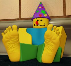 3d dayperalex feet_fetish foot_fetish foot_focus low_res lowres noob party_hat party_horn party_horn_in_mouth poob_(regretevator) regretevator roblox roblox_game robloxian yellow_body