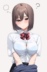 ? blue_bra blush bob_cut bra bra_peek bra_visible_through_clothes breasts brown_eyes brown_hair bursting_breasts button_gap commentary female highres kiona_(giraffe_kiona) large_breasts medium_hair original school_uniform simple_background solo undersized_clothes underwear