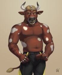 2017 5_fingers anthro areola biceps biped black_glans black_horn black_nipples black_nose blonde_eyebrows blonde_hair bovid bovine brown_body brown_fur brown_penis brown_tail cattle clothed clothing collar digital_media_(artwork) dragon ear_piercing ear_tag eyebrows facial_piercing fingers foreskin front_view fur genitals glans hair half-erect hi_res horn hybrid ineffective_clothing jomi looking_at_viewer male mammal markings multicolored_body multicolored_fur multicolored_horn musclegut muscular muscular_anthro muscular_male mythological_creature mythological_scalie mythology navel nipples nose_piercing nose_ring notched_ear pecs penile_spines penis penis_poking_out penis_through_fly piercing portrait ring_piercing rov scalie septum_piercing short_hair signature simple_background snout solo spikes spots spotted_body spotted_fur standing tail tail_tuft tan_background tattoo teeth three-quarter_portrait topless topless_anthro topless_male tuft two_tone_body two_tone_fur two_tone_horn unzipped unzipped_pants white_body white_fur white_horn white_spots yellow_eyes zipper